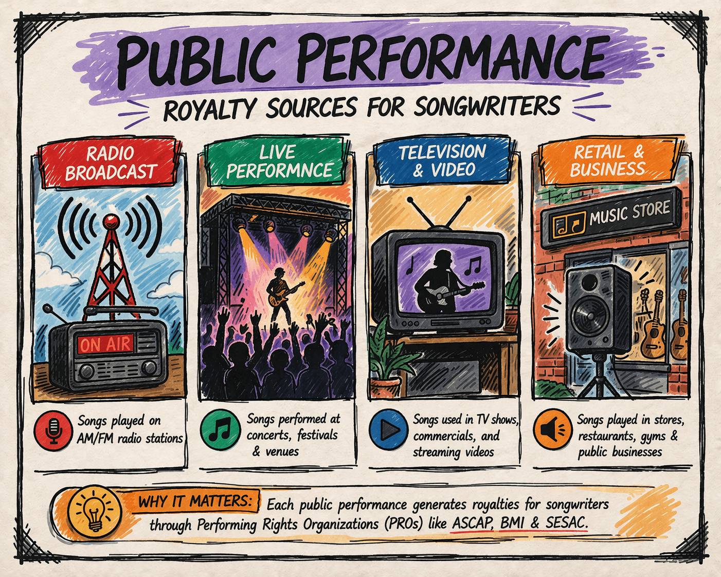 Public performance royalty sources for songwriters